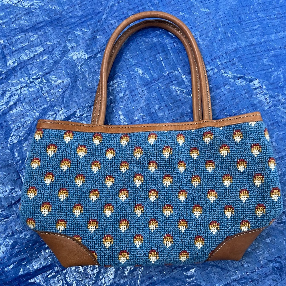 STUBBS AND WOOTTON MINI BAG, NEEDLEPOINT BLUE, leather trim, Italy, never used.